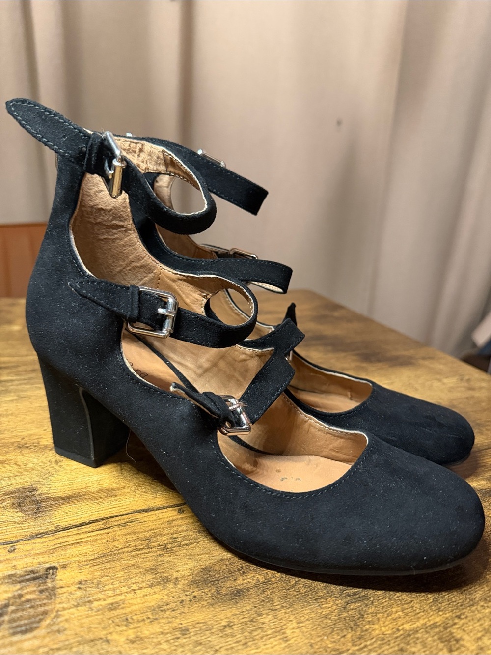 Indigo Black Suede Triple-Strap Block Heel Pumps